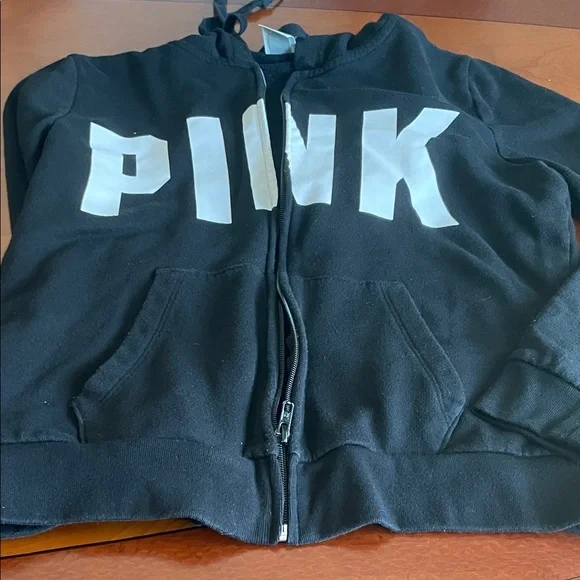 PINK Victoria's Secret Black Zip Front Hoodie with White Logo - Picture 11 of 12
